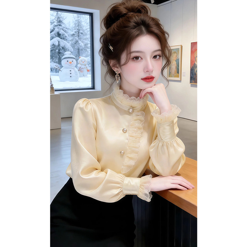 气质千金名媛风立领灯笼袖衬衫女春秋高级设计感蕾丝拼接显瘦上衣