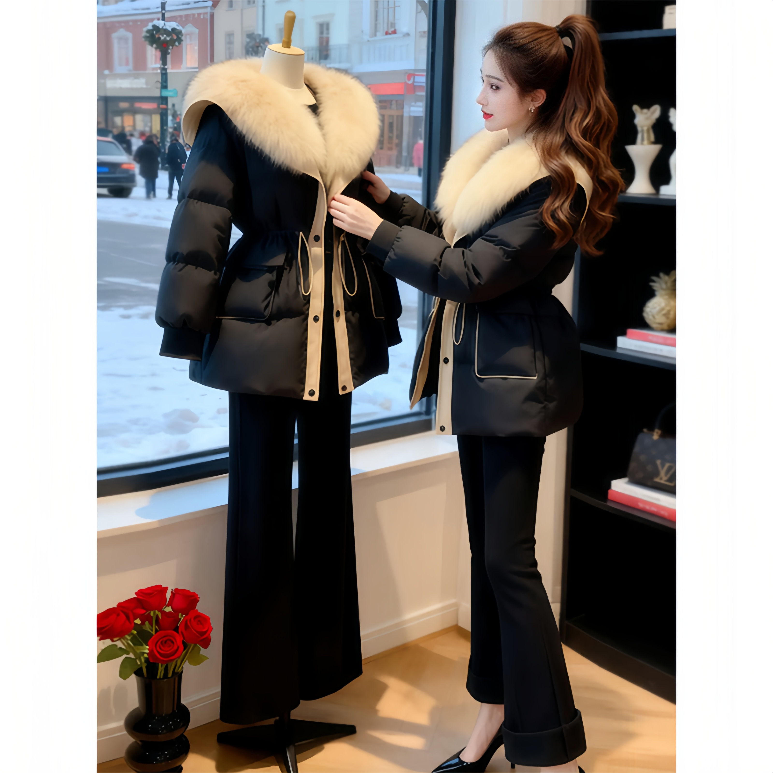 超好看的黑色大毛领羽绒棉服女款中长款冬季小个子韩系面包服外套