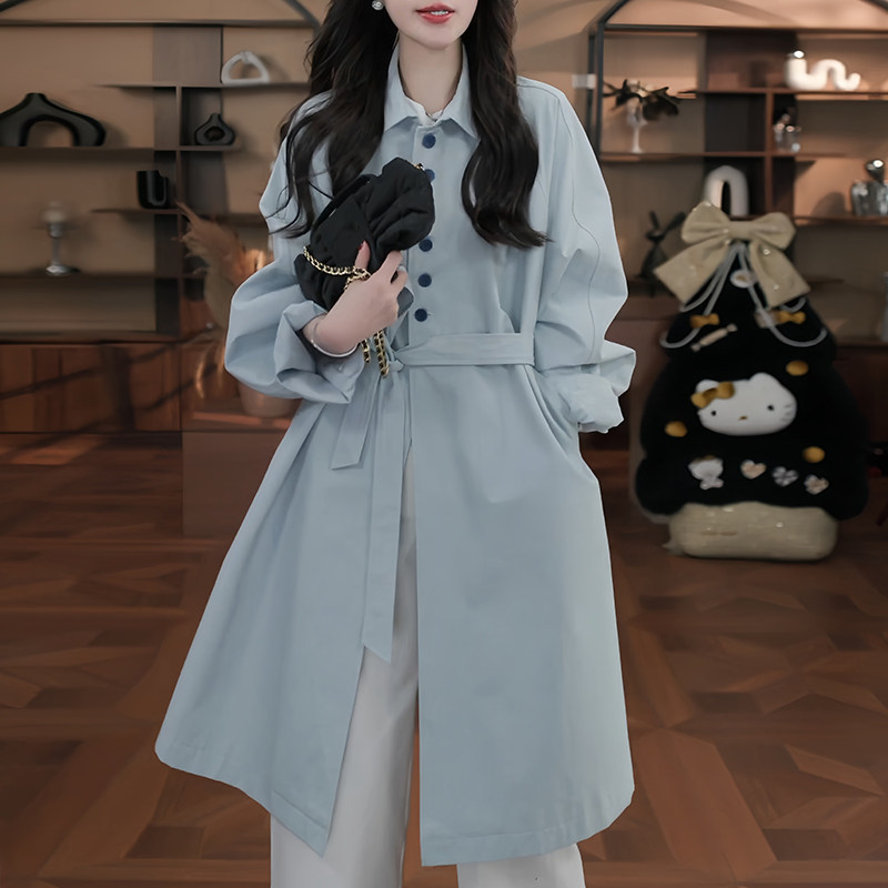 浅蓝色气质时尚翻领风衣外套女2026早春秋韩系中长款宽松休闲大衣