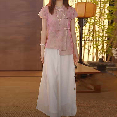 新中式盘扣体恤阔腿长裤两件套2026夏季新款财阀千金女装套装