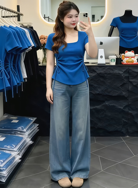 蓝色洋气方领收腰绑带短袖t恤女2026夏季设计感抽褶气质显瘦上衣