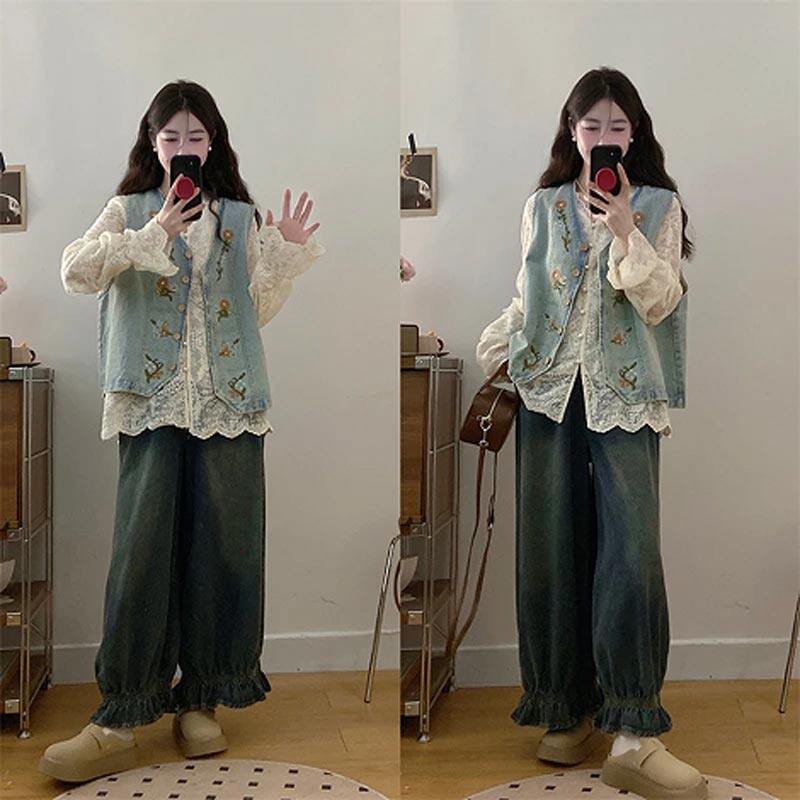 2026春秋韩式新款设计感绣花马甲休闲打底蕾丝衬衫显瘦牛仔裤套装