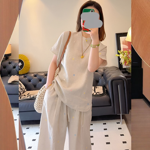 棉麻慵懒风老钱亚麻套装女夏
