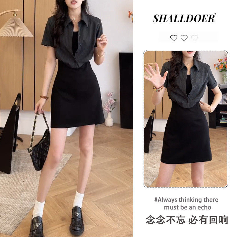 竖条纹翻领拼接高智感掐腰显瘦连衣裙女2026夏季新款假两件包臀裙