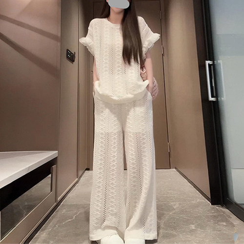 纯欲慵懒风女装2026夏季时尚镂空针织短袖T恤显瘦直筒裤防晒套装