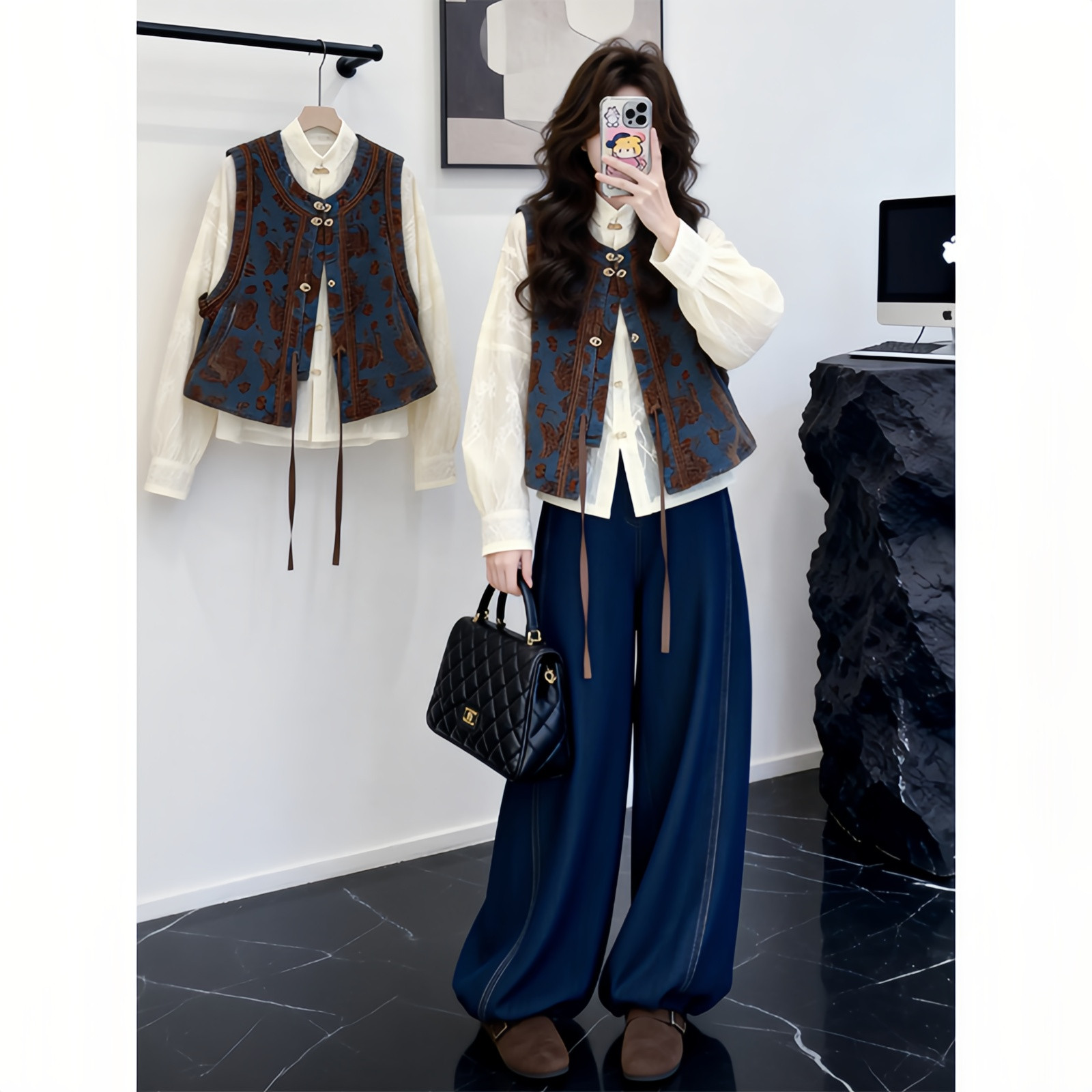 新中式套装女春季2026新款复古田园风设计感马甲衬衫灯笼裤三件套