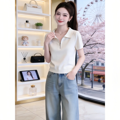 韩系白色半拉链正肩polo领短袖T恤女夏季2026独特绝美巨好看上衣