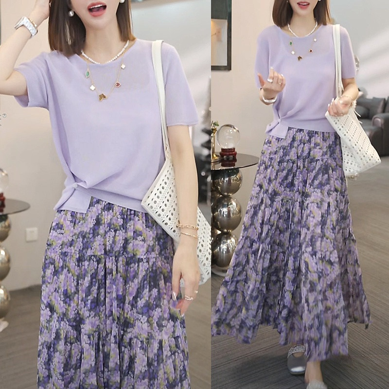 雪纺套装长裙女2026年夏季新款气质T恤碎花半身裙两件套裙子显瘦