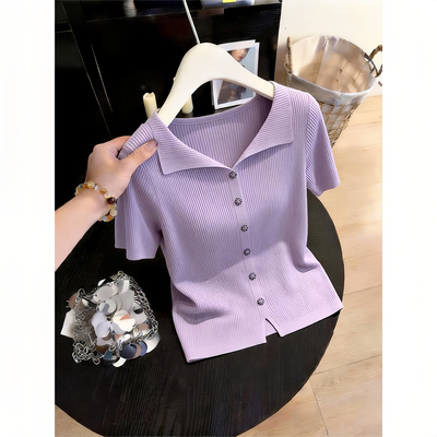 韩系气质优雅风紫色翻领针织衫女