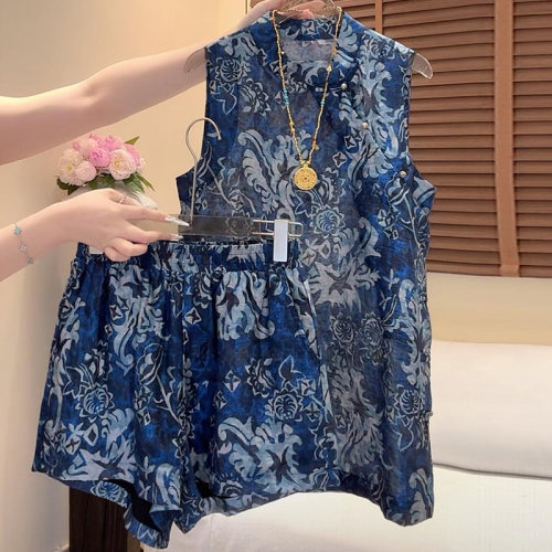 民族风印花无袖马甲短裤套装女