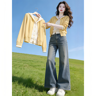 高级感灰色连帽针织开衫长袖女装