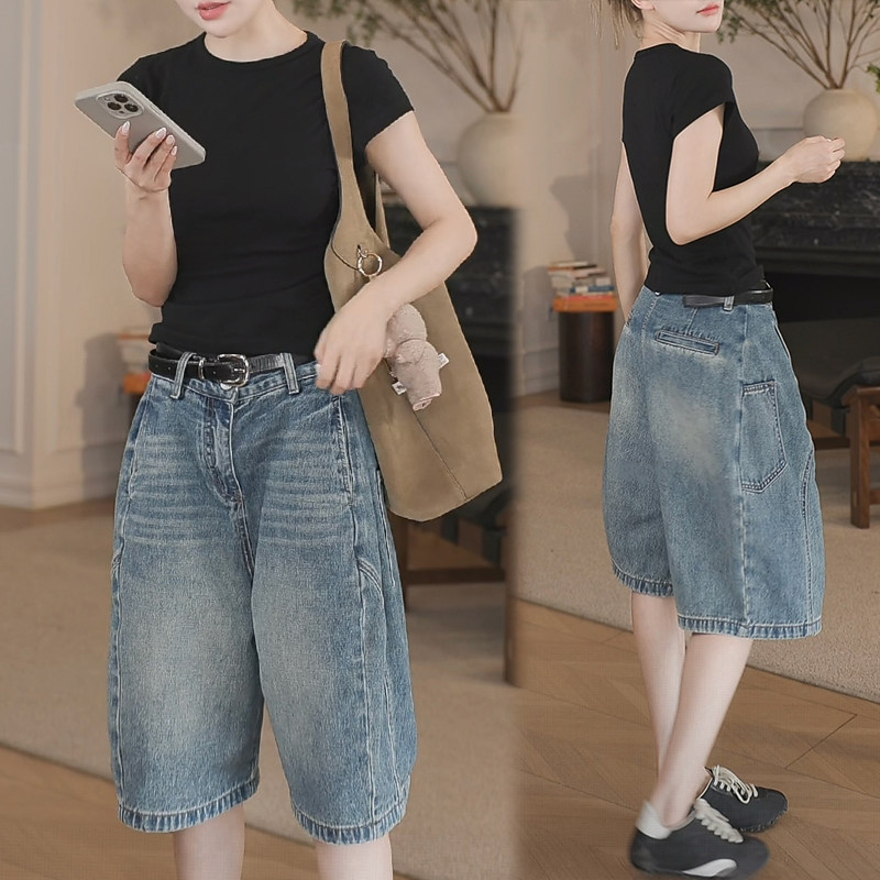 巨好看的夏装一整套2026夏季爆款修身短袖t恤五分牛仔裤两件套女