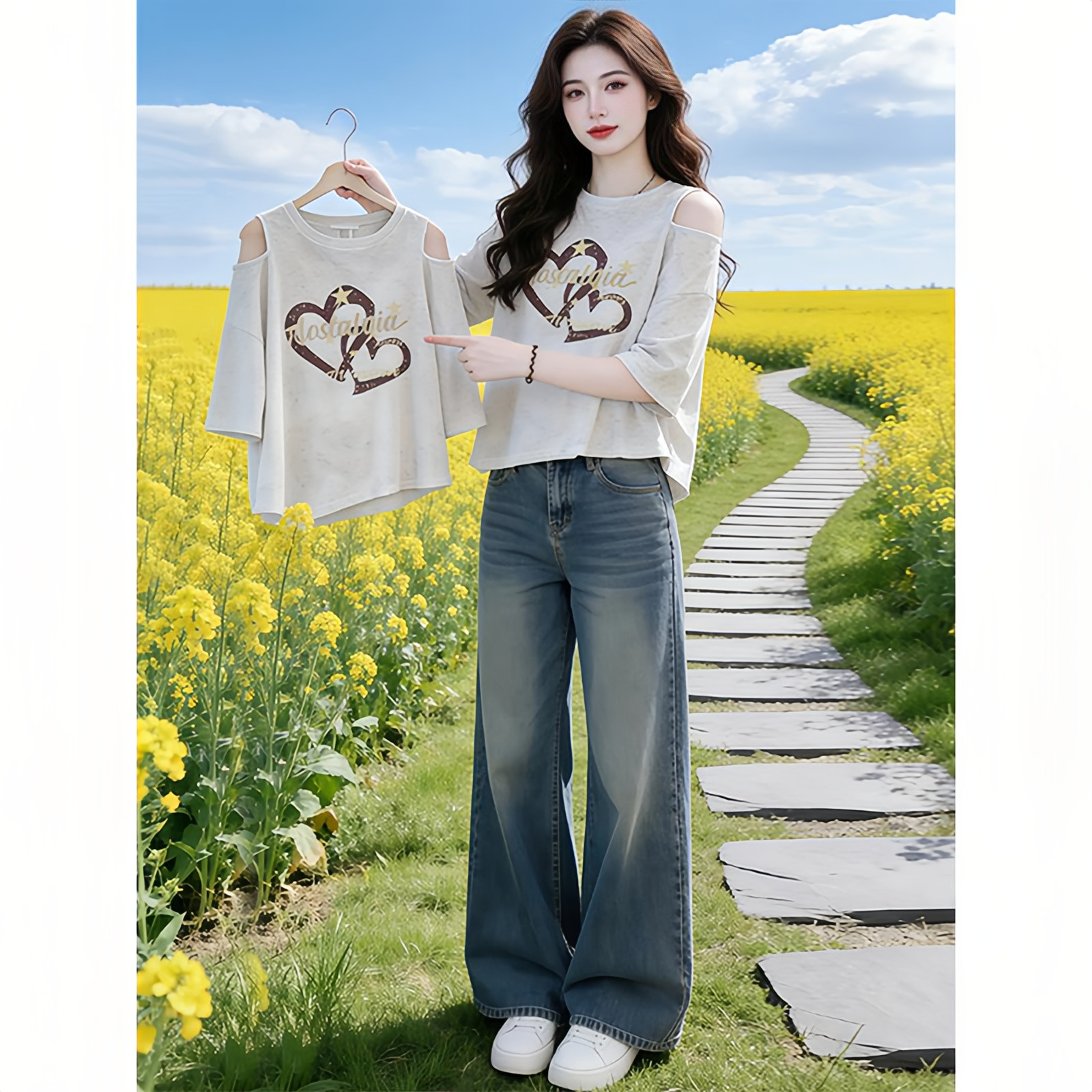 漏肩设计感短袖上衣女夏季2026超火减龄韩系轻熟独特漂亮纯棉T恤