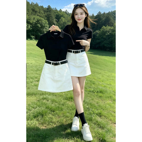 夏装时尚穿搭一整套女2026新款Polo领正肩短袖t恤牛仔裙两件套装