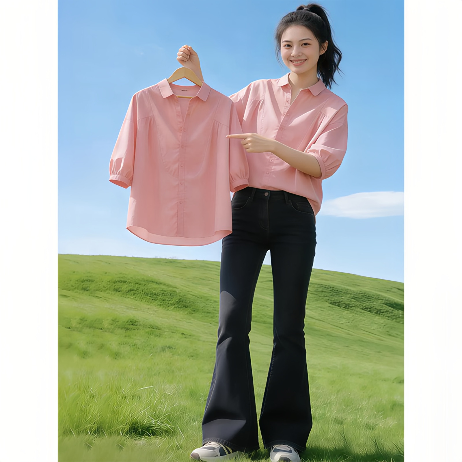 粉色灯笼袖衬衫女春秋高级感大码宽松休闲百搭气质显瘦衬衣上衣