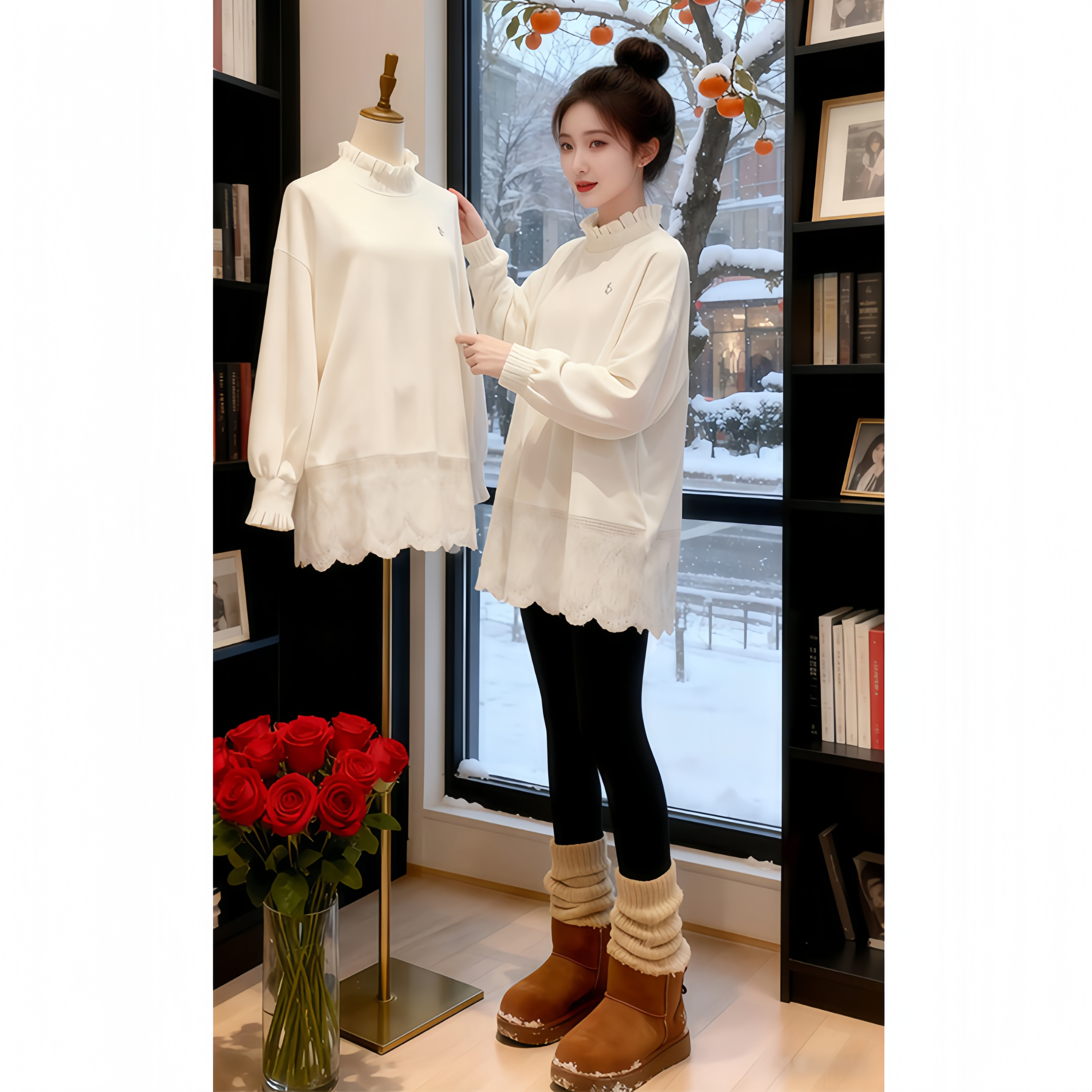 加绒加厚白色蕾丝拼接长袖T恤女秋冬大码半高领打底衫中长款上衣