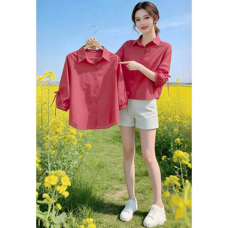 韩系设计感灯笼袖POLO领衬衫女士2026夏季新款宽松显瘦七分袖衬衣