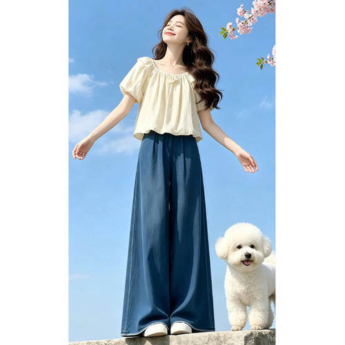 夏日穿搭套装女2026新款韩版立体花朵短袖衬衫阔腿牛仔长裤两件套