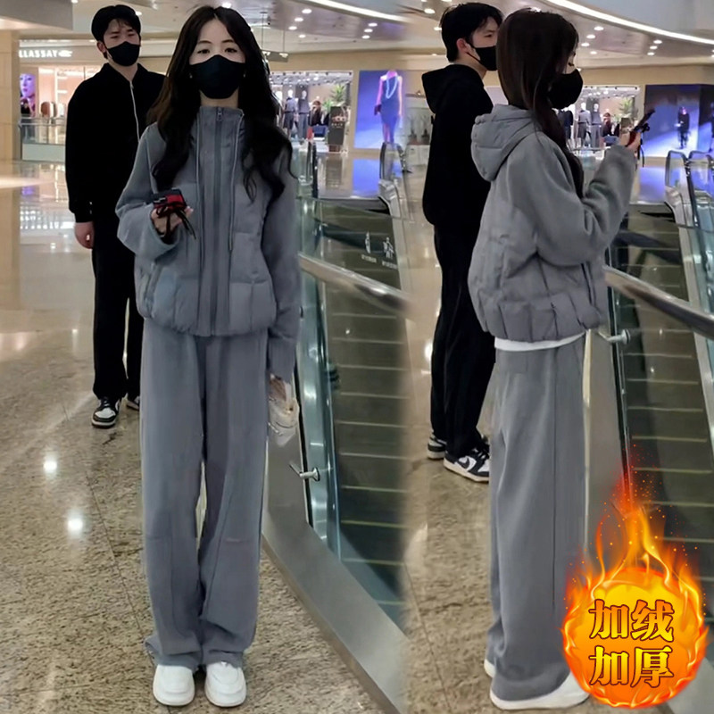 时尚休闲运动套装女秋冬装新款拼接棉衣加厚外套加绒直筒裤两件套
