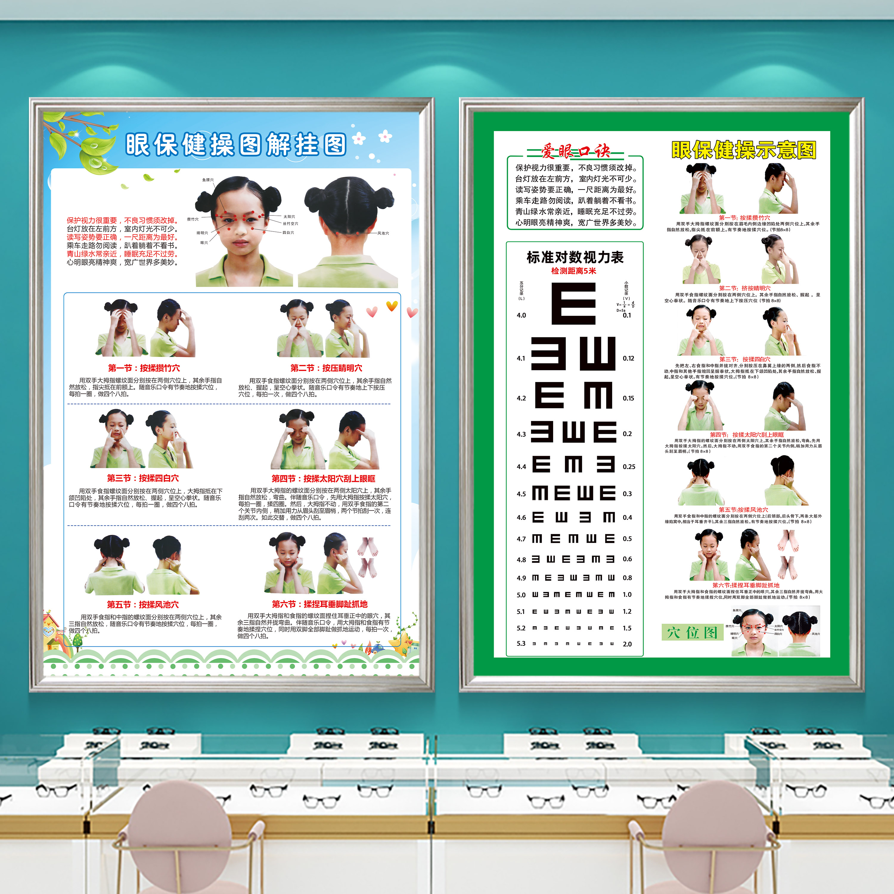 眼镜店墙面装饰眼保健操示意图挂画小学生教室班级国际标准视力表