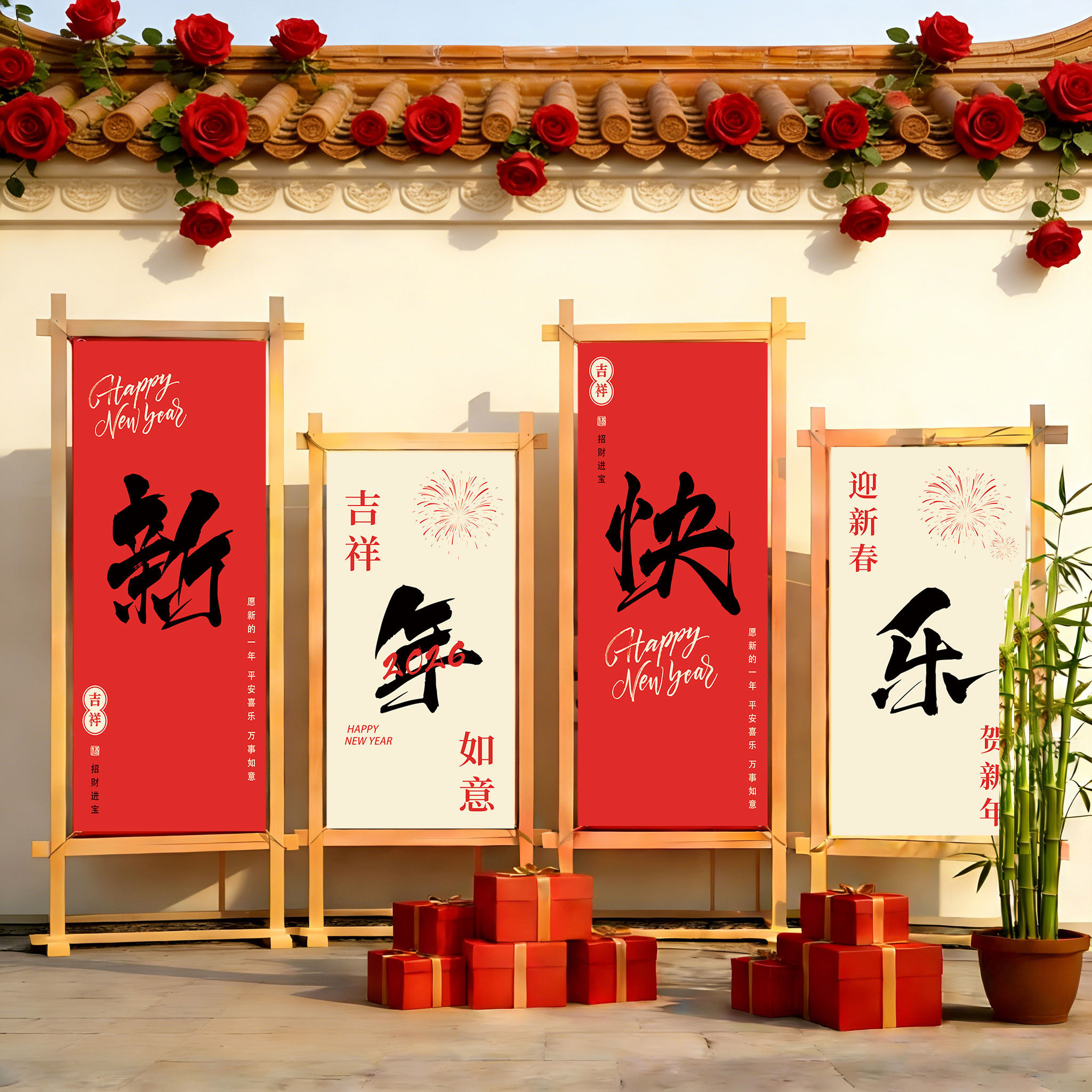 2026马新年装饰网红小院打卡造景拍照区餐饮店场景氛围布置背景墙,家居饰品,文化墙贴,淘宝优惠券,粉丝福利购,淘宝优惠卷