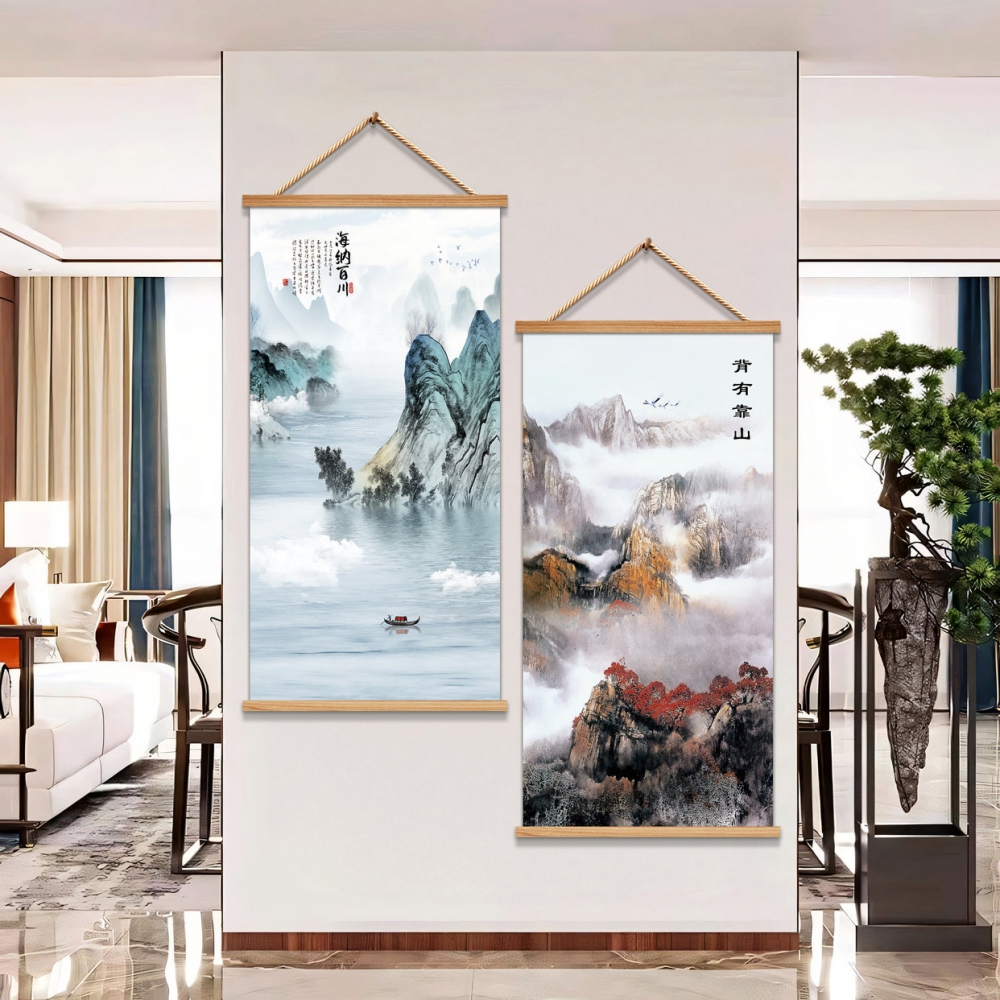 山水画客厅挂画迎客松装饰画卧室玄关背景墙画名家国风青山壁画布