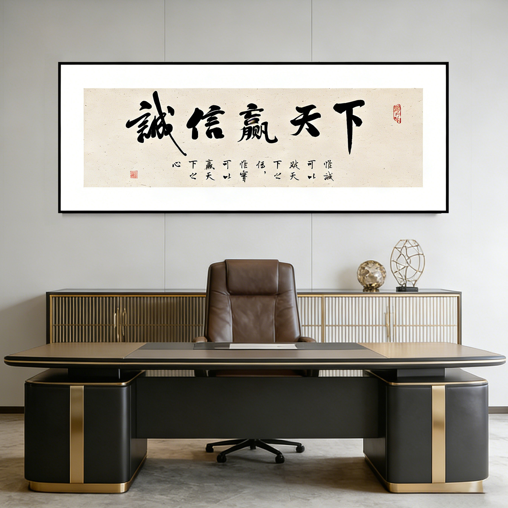 诚信赢天下字画办公室背景墙装饰画贴纸自粘公司高级感壁画新中式
