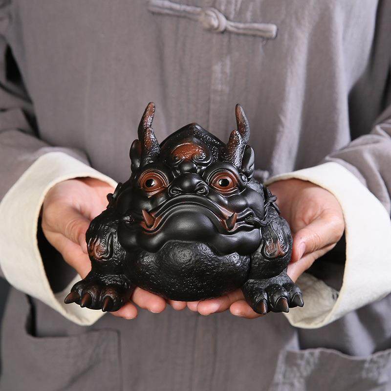 高档大号紫陶龙龟茶宠招财精品可养手工三足龙蟾茶台神兽金蟾摆件