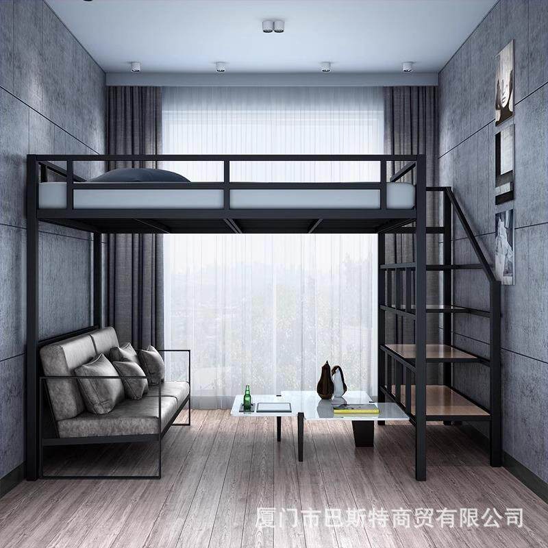 铁艺双人上层下空铁架小楼阁式架空室内高架双层上床下桌床北欧风