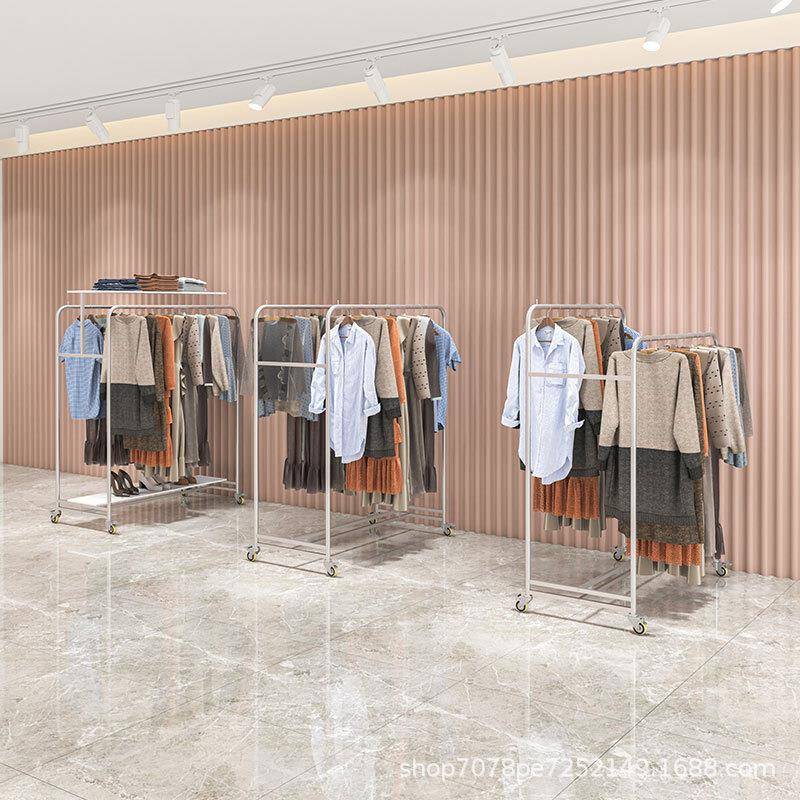 服装店双排中岛展示架带轮子可移动童装女装店铺中间货架不锈钢银