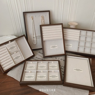 复古实木首饰盒胡桃木收纳盒麻布内衬戒指托盘陈列展示盒道具ins