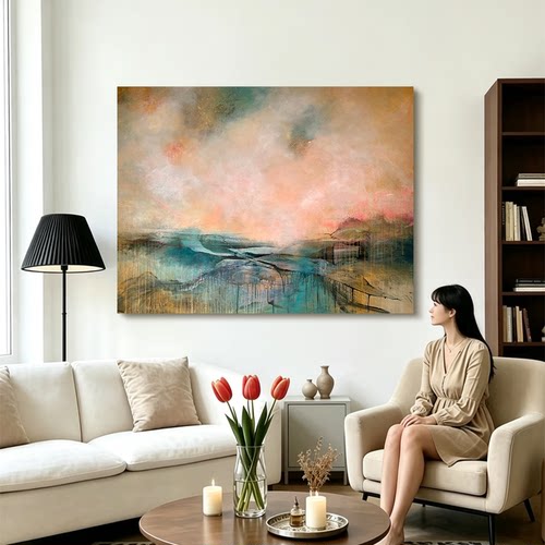 HW.ART纯手绘油画《晴川揽福》侘寂风玄关抽象挂画客厅肌理装饰画