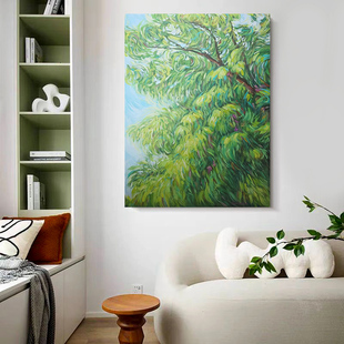 HW.ART手绘油画《绿树成荫》侘寂风装饰画卧室抽象挂画餐厅简约画