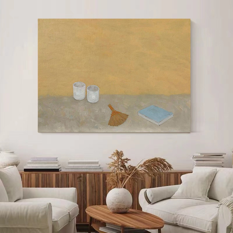 HW.ART手绘油画《惬意时光》客厅侘寂风挂画餐厅装饰画玄关画手工