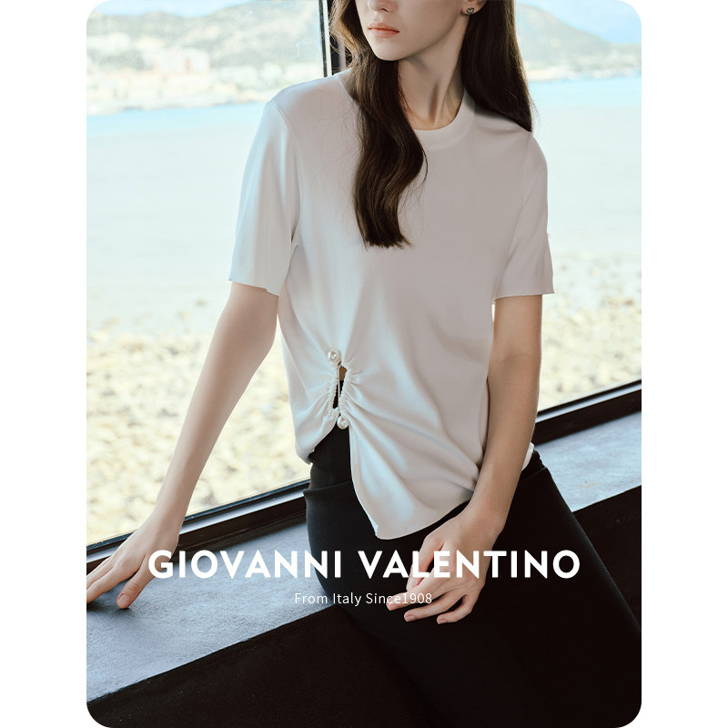 GIOVANNI VALENTINO白色圆领短袖t恤女装夏季新款短款休闲体恤衫