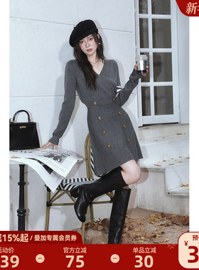 BANANA CICI2025年冬季学院风A字双排扣收腰V领长袖连衣裙