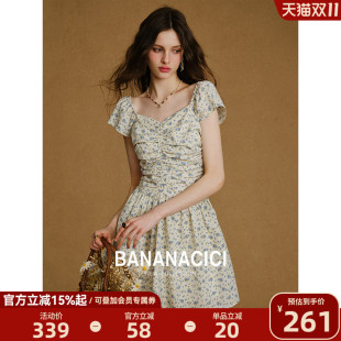 收腰小清新褶皱短款 BANANA 法式 新款 碎花A字连衣裙 CICI2025年秋季