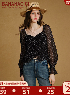 BANANA CICI2025年秋季新款复古法式浪漫小碎花雪纺长袖衬衫上衣