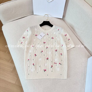 cxFzo 甜美 可爱风绞花玫瑰刺绣短袖羊毛衣女显瘦百搭针织衫