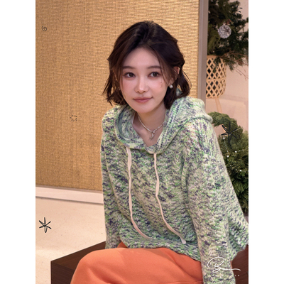 佟小白TXB S+莫奈印象 100山羊绒连帽抽绳毛衣镂空连帽针织衫上衣