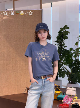 佟小白TXB 100棉灰蓝色数字印花百搭休闲2026春季短袖上衣t恤女