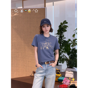 上衣t恤女 短袖 佟小白TXB 100棉灰蓝色数字印花百搭休闲2026春季