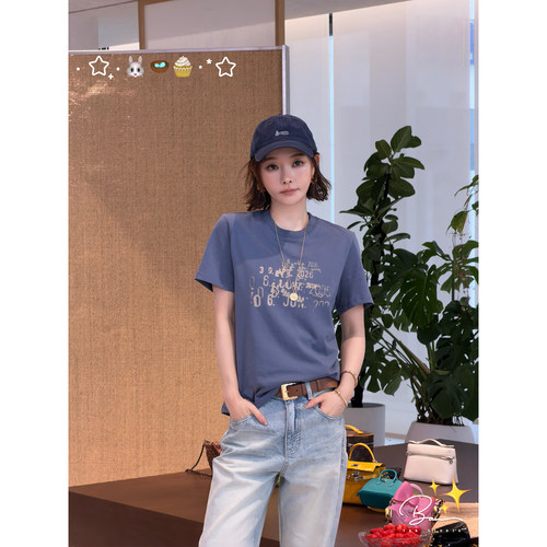 佟小白TXB 100棉灰蓝色数字印花百搭休闲2026春季短袖上衣t恤女