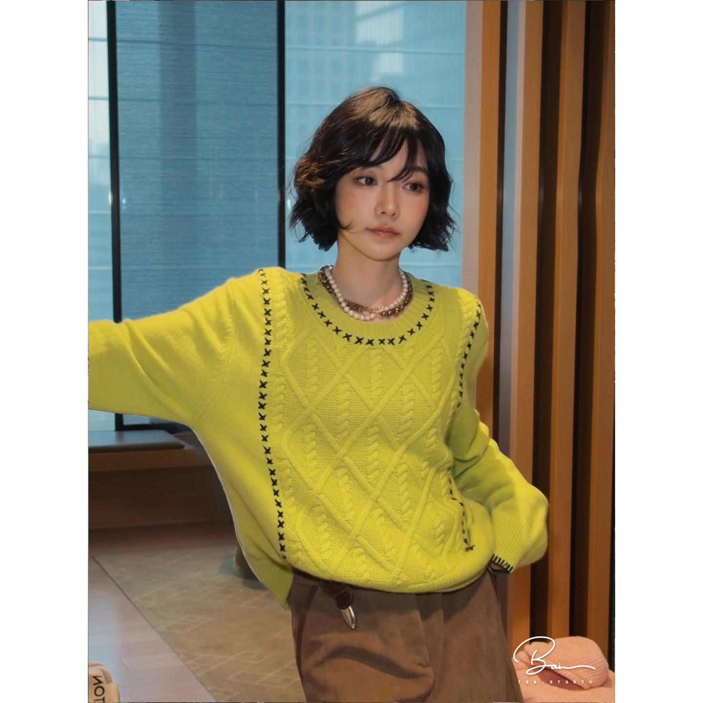 佟小白100%山羊绒果绿绞花针织衫女秋季两面织撞色显瘦毛衣上衣