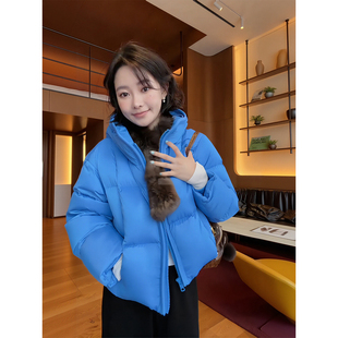 佟小白克莱因蓝95白鹅绒羽绒服女秋冬方格锁绒锁温外套连帽面包服