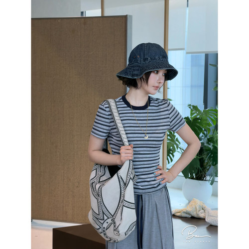 佟小白TXB 莱赛尔透气夏季百搭休闲撞色条纹圆领正肩短袖t恤女