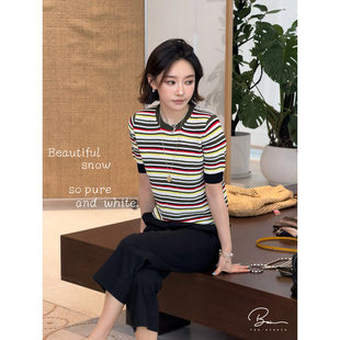 定制进口纱军绿色撞色条纹短袖 古着条纹 上衣t恤 佟小白TXB