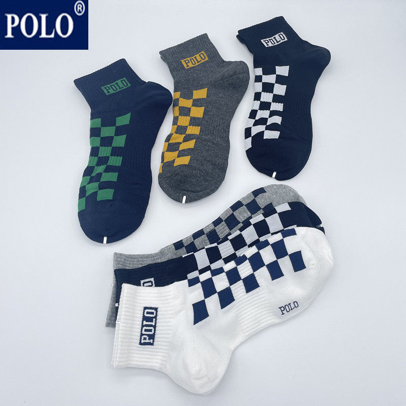 polo男中筒袜子时尚菱形格四季新款纯棉运动袜秋季百搭防臭休闲袜