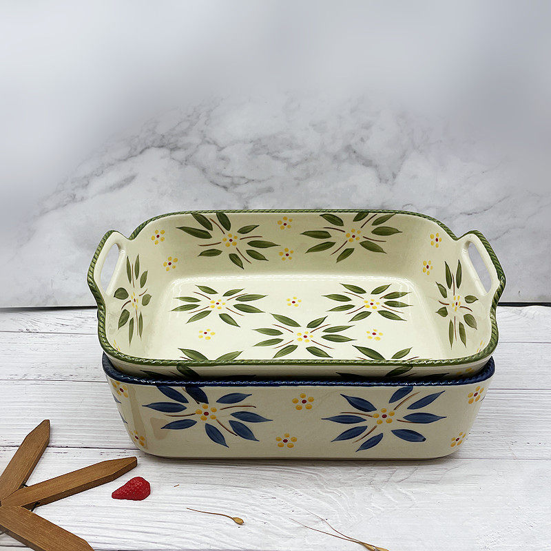 外贸出口尾单美式双耳长方烤盘12英寸陶瓷2500ml圣诞烤鱼烤鸡盘