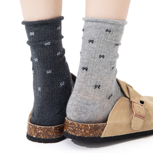 蝴蝶结袜子女夏季 灰色堆堆袜网眼透气吸汗长袜纯棉中筒袜夏天 薄款